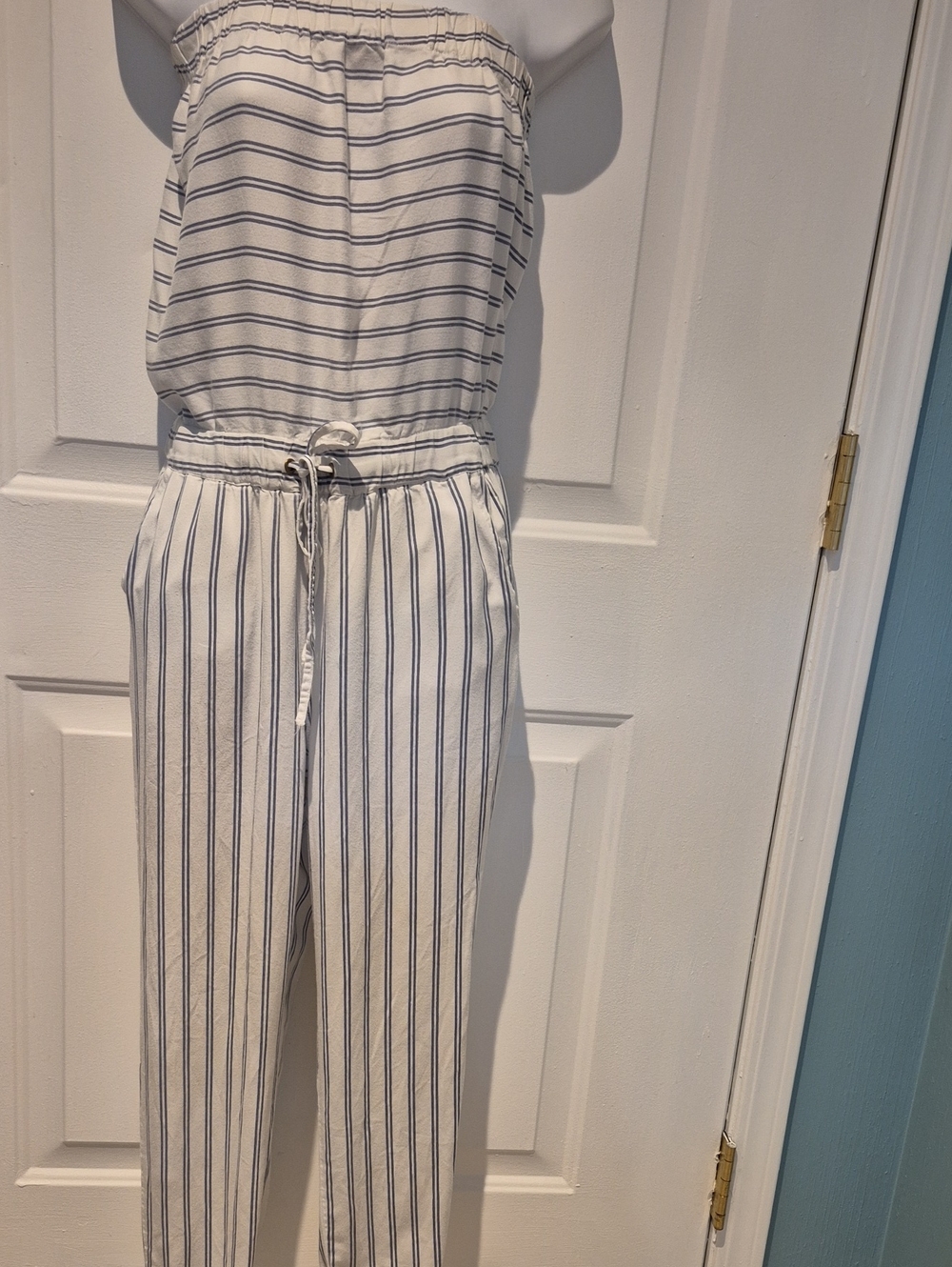 life in progress White Strapless Pinstripe Jumpsuit. Size S